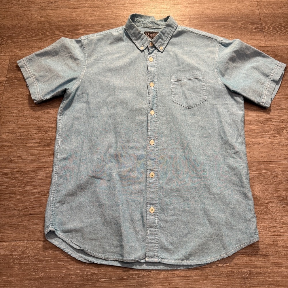 Retrofit Shirt Mens Medium Blue Oxford Cotton OCBD Short Sleeve Casual Minimal
